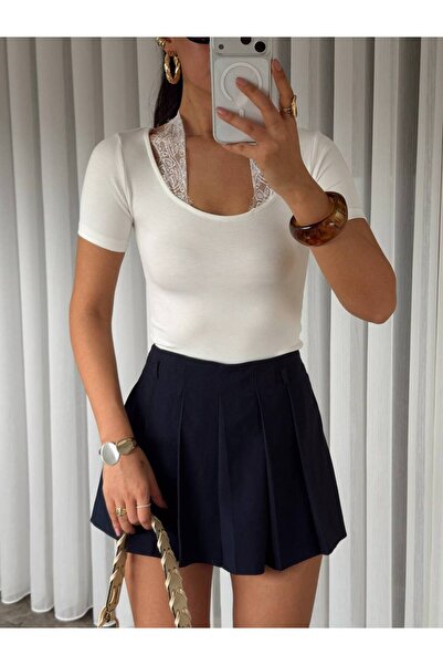 BE CHİC ΓΥΝΑΙΚΕΙΑ ΜΠΛΟΥΖΑ ΜΕ ΤΕΤΡΑΓΩΝΟ ΓΙΑΚΑ, ΔΑΝΤΕΛΕΣ ΣΤΟ ΛΑΙΜΟ, ΚΟΝΤΟ ΜΑΝΙΚ...