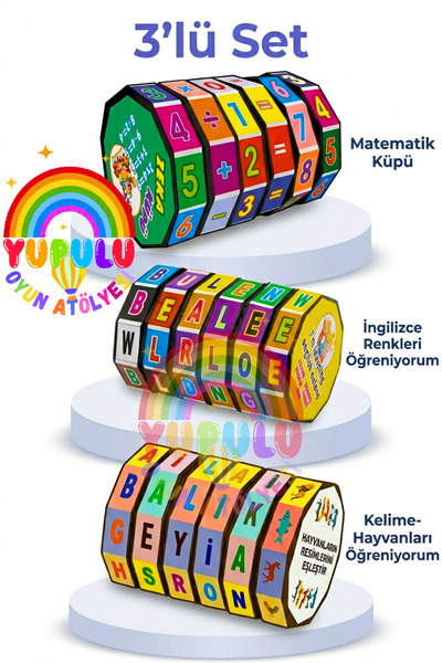 YUPULU 3'lü Set Matematik Küpü, İngilizce Renkleri Öğreniyorum, Hayvanları Öğ...