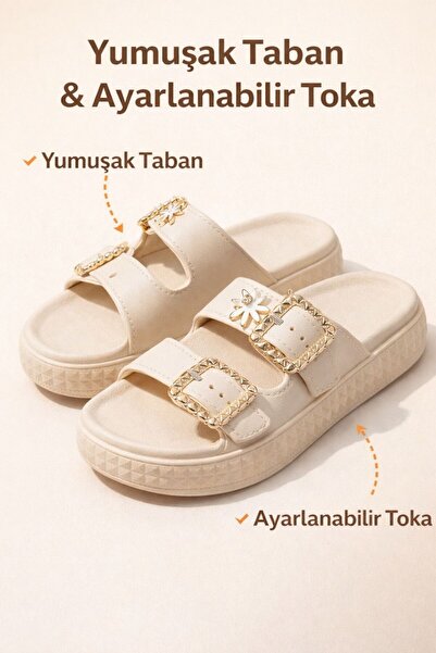 ARONA Kadın Ev Terliği Çift Ayarlanabilir Tokalı Taşlı Çiçek Detaylı Ortopedi...