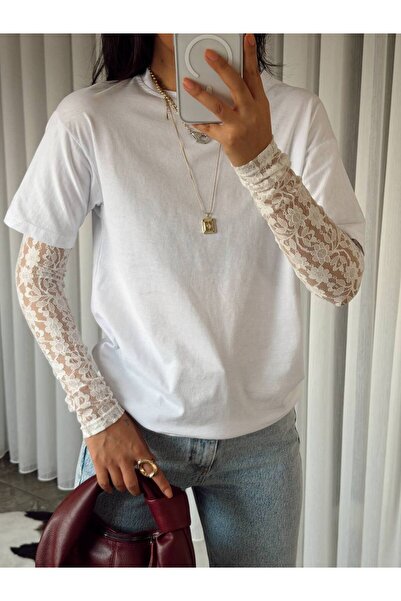 BE CHİC Women's Lace Sleeve Detail Circular Neck Short Sleeve Basic Cotton T-...