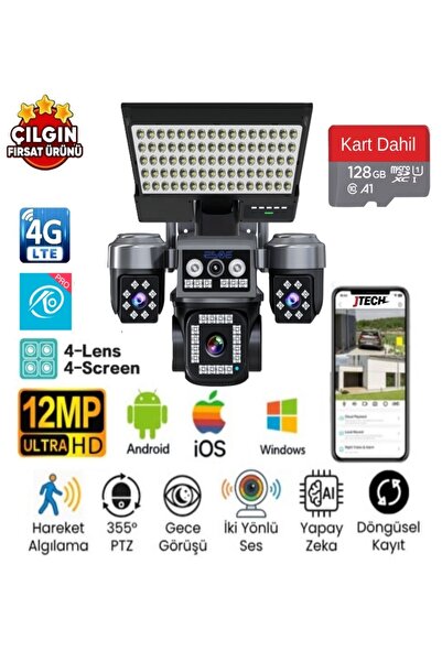 SLTECH O-KAM 334 PREMiUM 12MP 4G Sim Kartlı 3 ADET Solar Panelli Projektör La...