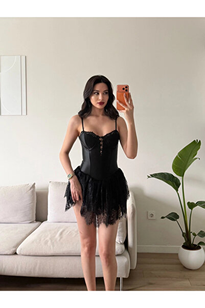 Zoom Butik Bel Korse Eteği Dantel Elbise - SİYAH