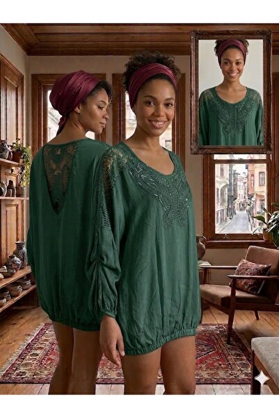 AYASOFYA OTANTIK Γυναικεία ιταλική σμαραγδί μπλούζα με στρογγυλές παγιέτες, κ...