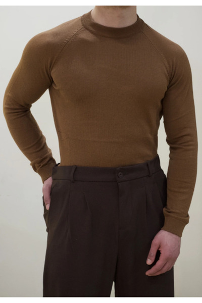 Kahve Bisiklet Yaka Slim Fit Triko Kazak