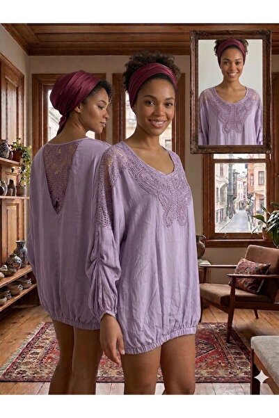 AYASOFYA OTANTIK Γυναικεία ιταλική λιλά μπλούζα με στρογγυλές παγιέτες, κέντη...