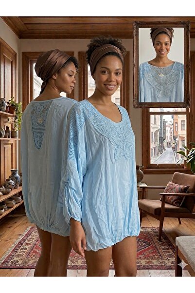 AYASOFYA OTANTIK Γυναικεία ιταλική μπλούζα από μετάξι με στρογγυλές πούλιες σ...