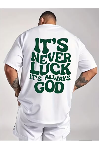 Marco Fresco Unisex μπλουζάκι με στάμπα "It's Never Luck " με φαρδιά λαιμόκοψη