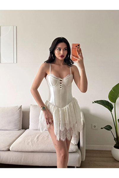 Zoom Butik Bel Korse Eteği Dantel Elbise - BEYAZ