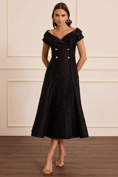 Rain and River Patterned midi evening dress with button detail.
