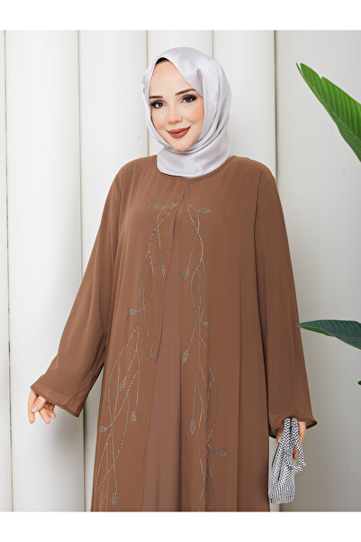 Modam Bella Plus Size Chiffon Stone Embellished Long Abaya Dress