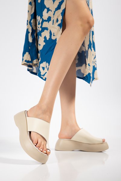 LUFENS Ottilie Balon Sole Genuine Leather Women's Flip Flops Beige Slippers