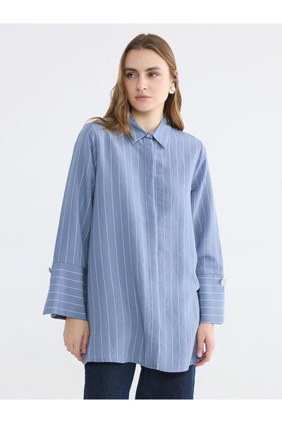 LC Waikiki NEVAVM με τη διαφορά LCW EVERYDAY Indigo ριγέ γυναικείο πουκάμισο ...