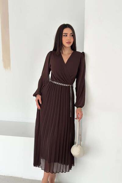 MyLoore Γυναικείο φόρεμα σιφόν σε καφέ απόχρωση με πιέτες, μήκους μίντι και λ...