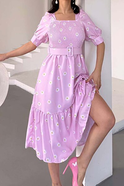 MyLoore Γυναικείο ροζ τετράγωνο φόρεμα μίντι με γιακά και ζώνη MLBK4595