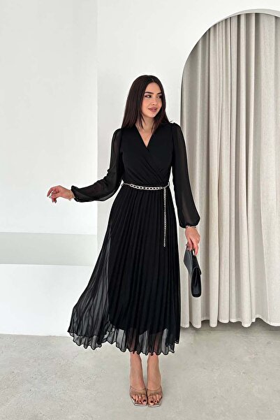 MyLoore Γυναικείο μαύρο πλισέ φόρεμα σιφόν μήκους μίντι με λεπτομέρεια ζώνης ...