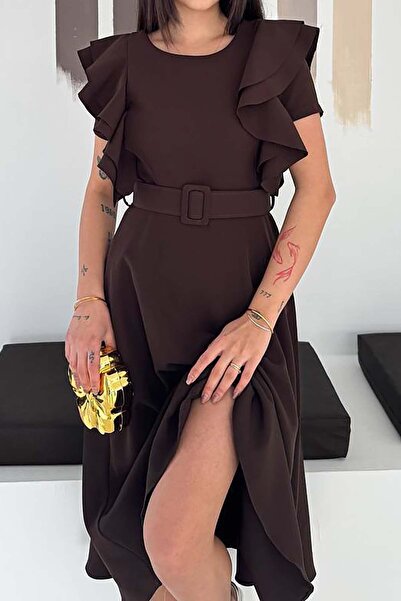 MyLoore Γυναικείο φόρεμα με μανίκια βολάν σε άχρωμο καφέ χρώμα, κομψό σχέδιο ...