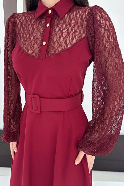 MyLoore Γυναικείο βραδινό φόρεμα με δαντέλα σε μπορντό χρώμα, με λεπτομέρεια ...