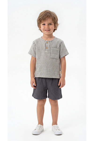 Mışıl Kids Ριγέ κοντομάνικο πουκάμισο-σορτς για αγόρια