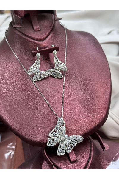 rive.jewelry Zirkon Taşlı Kelebek Kolye & Küpe Seti – Rodyum Kaplama | 2 Yıl Garantililer
