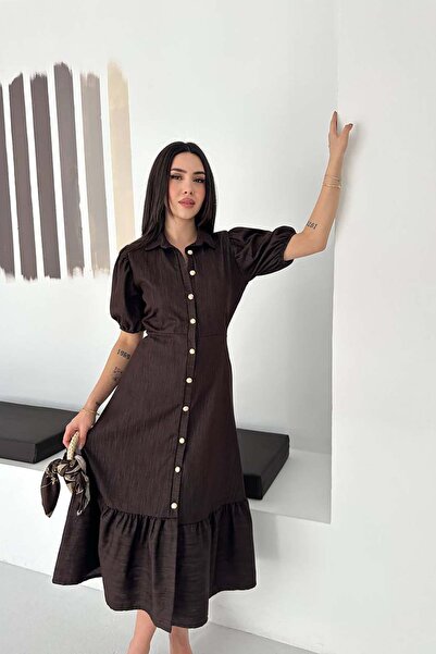 MyLoore Γυναικείο καφέ φόρεμα τζιν με τετράγωνο γιακά και κομψό σχέδιο MLBK4565