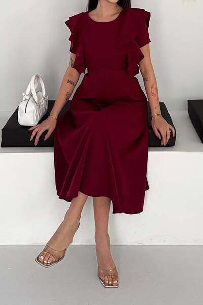 MyLoore Γυναικείο φόρεμα μπορντό με μανίκια βολάν και ζώνη, κομψό σχέδιο MLBK...