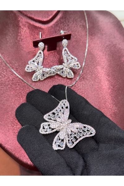 rive.jewelry Zirkon Taşlı Kelebek Kolye & Küpe Seti – Rodyum Kaplama | 2 Yıl Garantililer