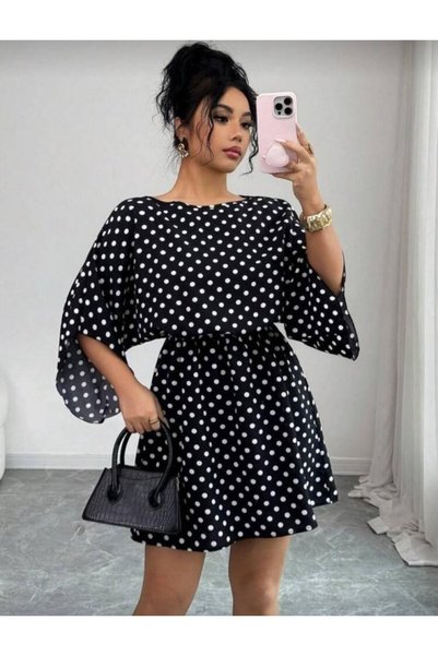 Modayakamoz Women's Polka Dot Knitted Crepe Mini Dress (Without Belt)