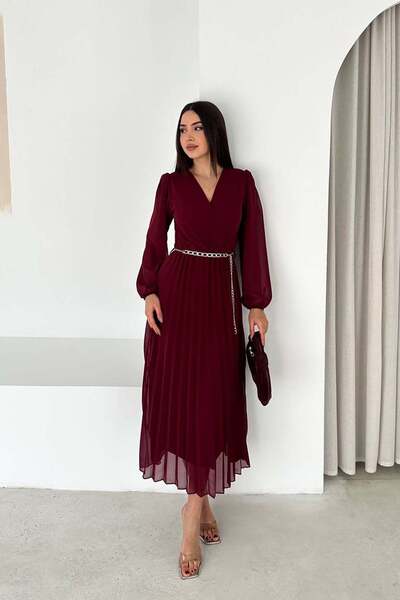 MyLoore Γυναικείο μπορντό πλισέ φόρεμα σιφόν μεσαίου μήκους με λεπτομέρεια ζώ...