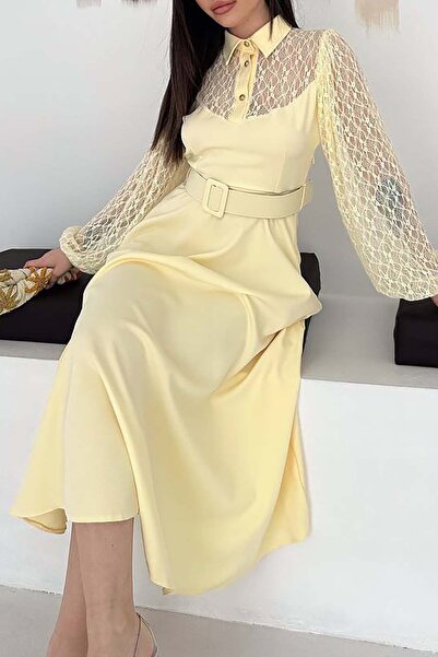 MyLoore Γυναικείο βραδινό φόρεμα με κομψό σχέδιο, κίτρινη δαντέλα και λεπτομε...