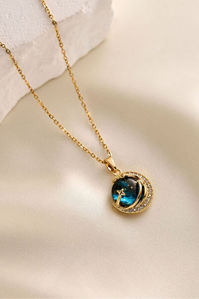 Aike Ladies stainless steel golden Galaxy Star and Moon Necklace Blue Star Cr...