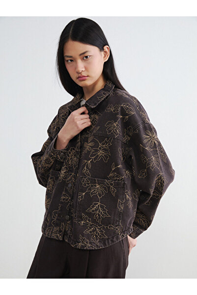 LC Waikiki Lcw Vision Brown Shirt Collar Floral Women's Jean Jacket with Neva...