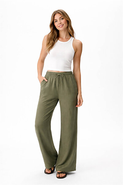 Fashion Friends Γυναικείο Παντελόνι Λινό Χακί με Φαρδιά Μπατζάκια 26Y0608K1