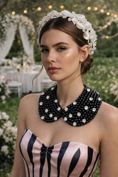 CROCUS DESIGN Siyah inci boncuklu bebe yaka davet kolye