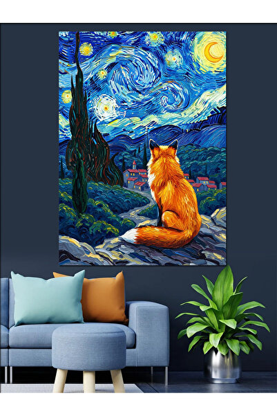 Tablo Mega Van Gogh Tarzı Yıldızlı Gece Tilki Dekoratif Kanvas - Mdf Ahşap Tablo