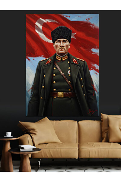 KanvasSepeti Atatürk Türk Bayraklı Askeri Üniformalı Dekoratif Kanvas Tablo -...