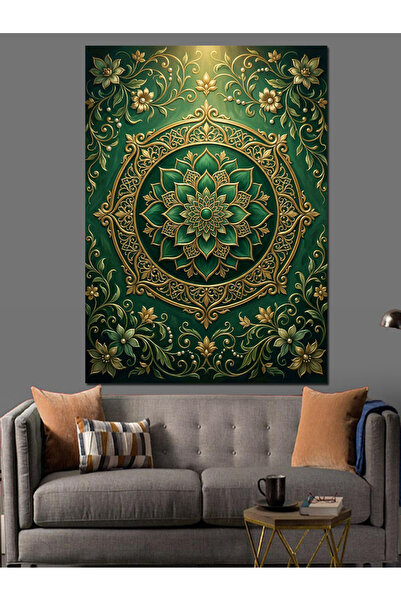 Artmeg Pânză decorativă cu model Mandala auriu pe verde - Tablou din lemn MDF
