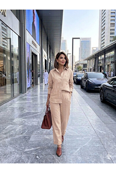Akasha Design Somon Keten Görünümlü Gömlek Pantolon Takım