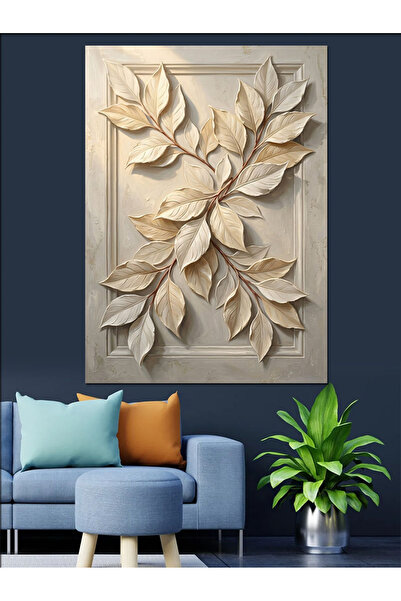 Artmeg Pânză decorativă cu frunze și crengi în relief alb - Masă din lemn MDF