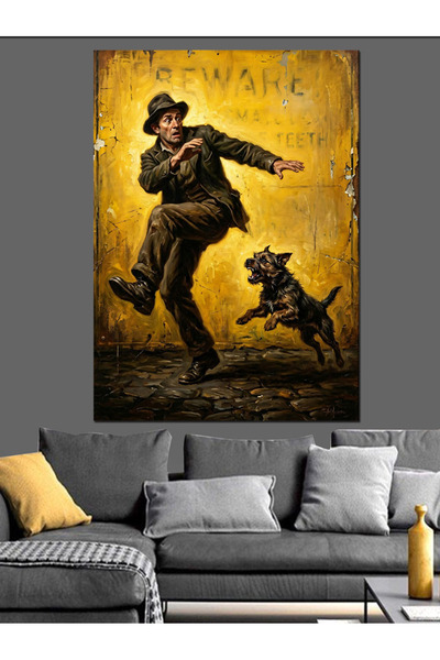 Artmeg Omul care evadează câinele Ilustrație amuzantă Pânză decorativă - Tabl...