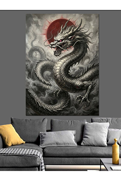 Artmeg Black and White Traditional Dragon Illustration Decorative Canvas - Md...