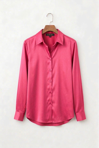 Moda Days Γυναικείο φούξια σατέν πουκάμισο με μακριά μανίκια, κομψή κλασική μ...