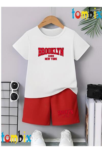 tombix Red Brooklyn Text Printed T-Shirt Shorts Summer Children's Set