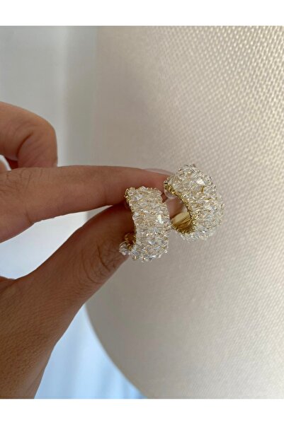 Bade Jewelry Fd Gold Broken Stone Detailed Luxury Non-Tarnish Hoop Earrings
