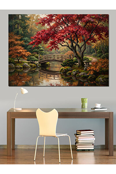 Artmeg Pânză decorativă cu peisaj de grădină japoneză cu frunze roșii - Masă ...