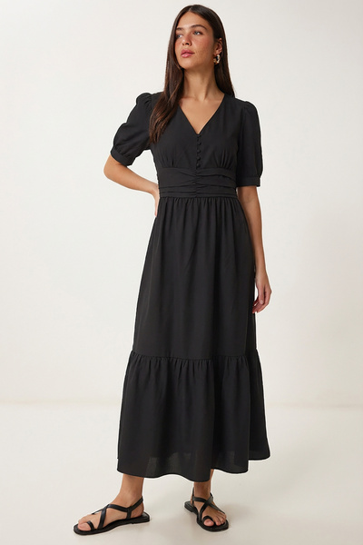 Lovelyİstanbul Καλοκαιρινό μακρύ φόρεμα ποπλίνας με βολάν LFG0185 ΜΑΥΡΟ