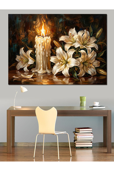 Artmeg Pânză decorativă Crini albi la lumina lumânărilor - Tablou din lemn MDF
