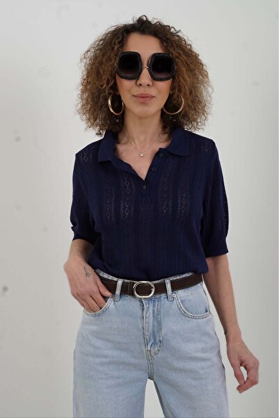 Zelish My Sister Μπλε ναυτικό πουλόβερ με γιακά πόλο και διάτρητο σχέδιο, κον...