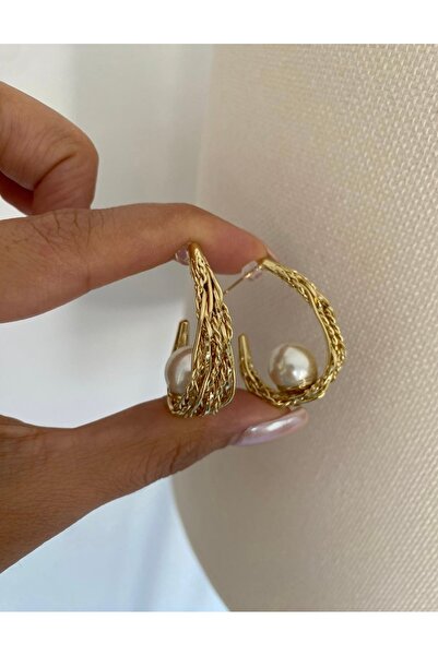 Bade Jewelry أقراط FD الذهبية المحبوكة بتصميم نصف دائري مع تفاصيل من اللؤلؤ، ...