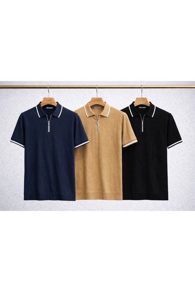 zs zaos fashion Set de 3 tricouri tricotate cu fermoar pentru bărbați, 100% b...