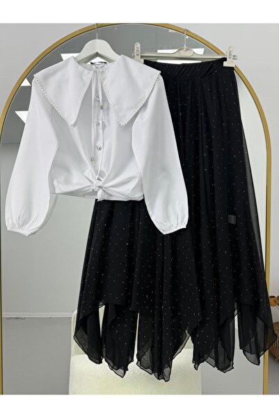 VOLT CLOTHİNG Λευκό πουκάμισο με σχέδιο φύλλων γαλανόδεντρου, σετ με φούστα μ...